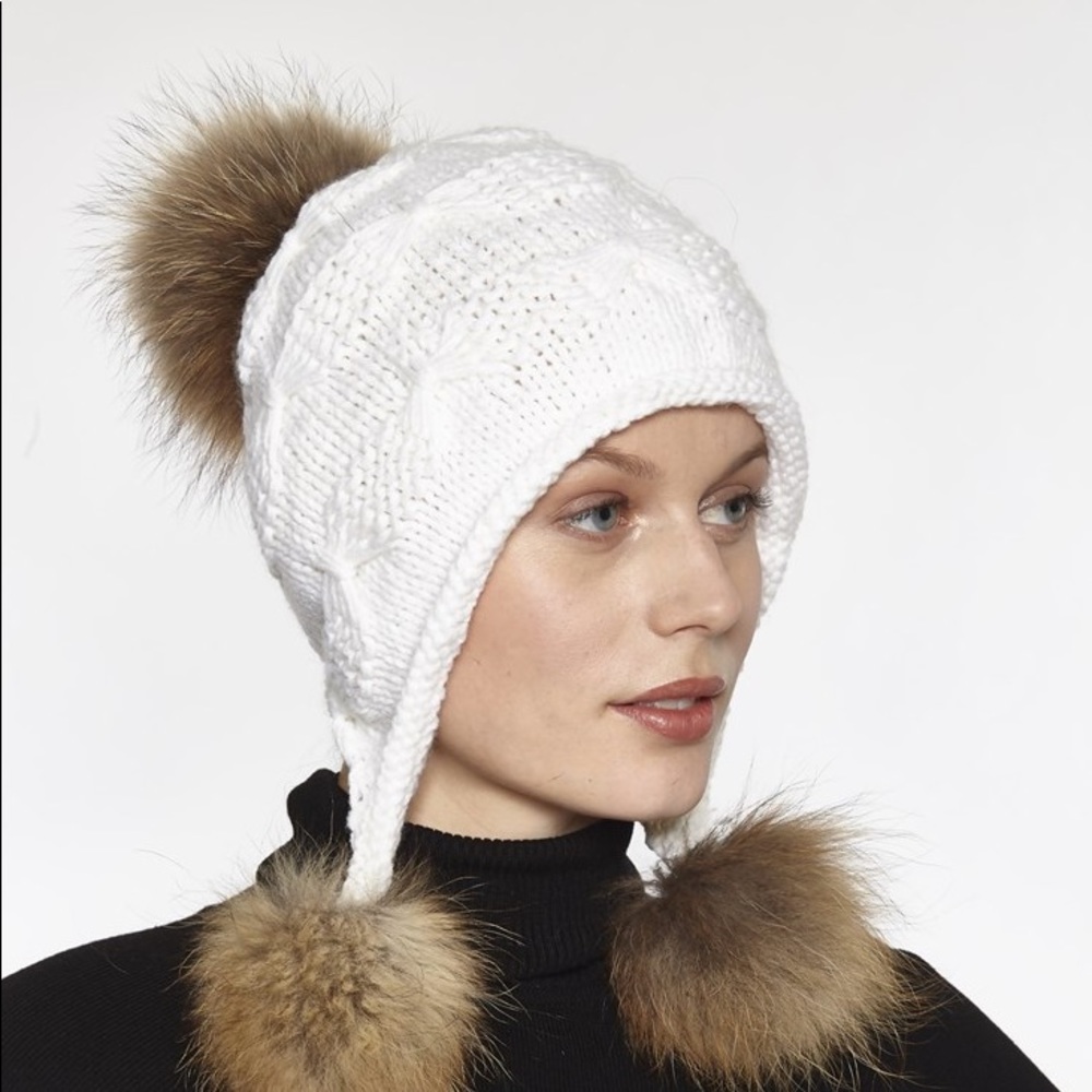Cream three fur Pom Pom ski hat